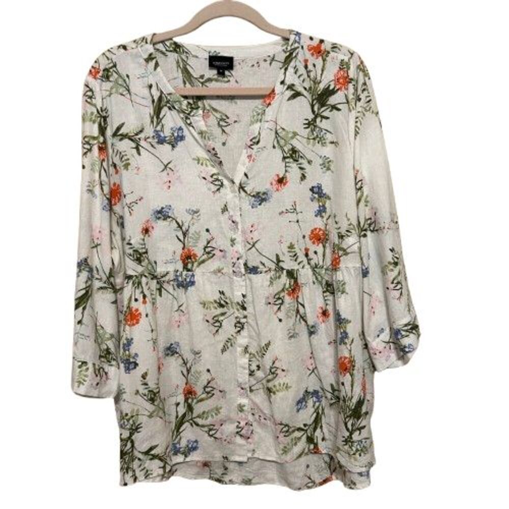 Jones & Co Linen Blend Button Front Top Size 1X White Floral Cottage Boho Blouse